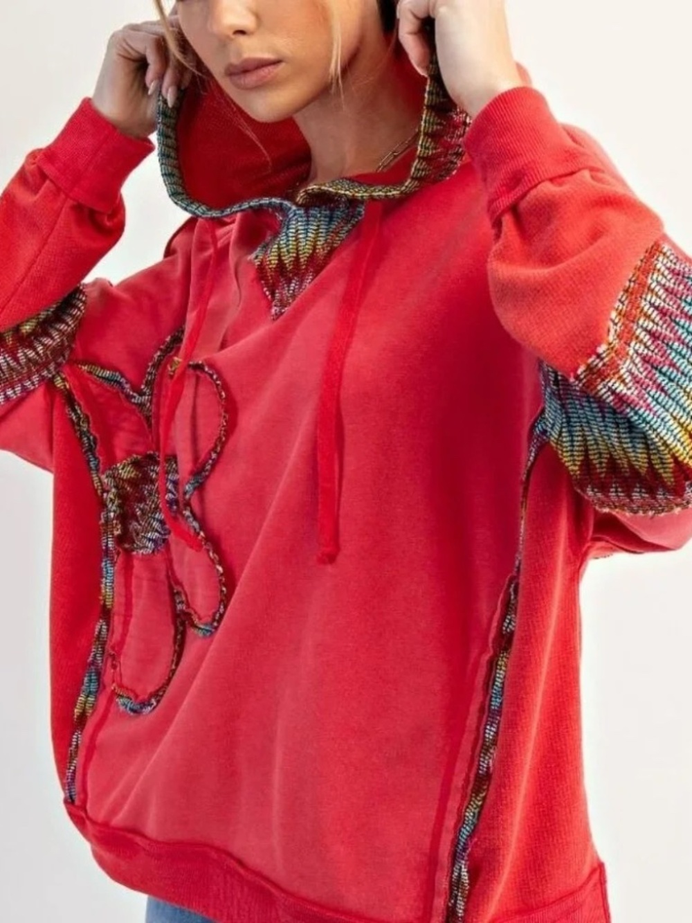 New Easel Poppy Red Daisy Patch Terry Hoodie Oversized Washed Pullover Small - Picture 5 of 5